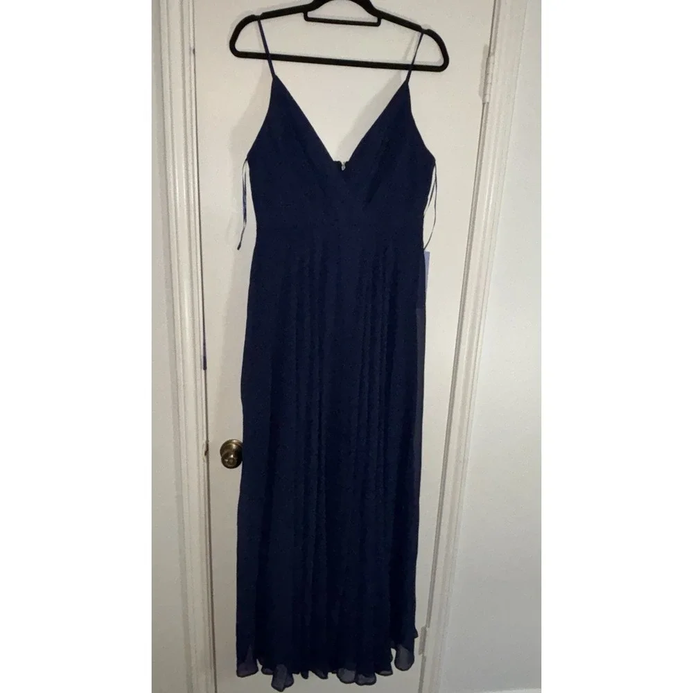 NWT Maniju Navy Maxi Dress Womens L V Neck Spaghetti Strap Formal‎ Wedding Guest